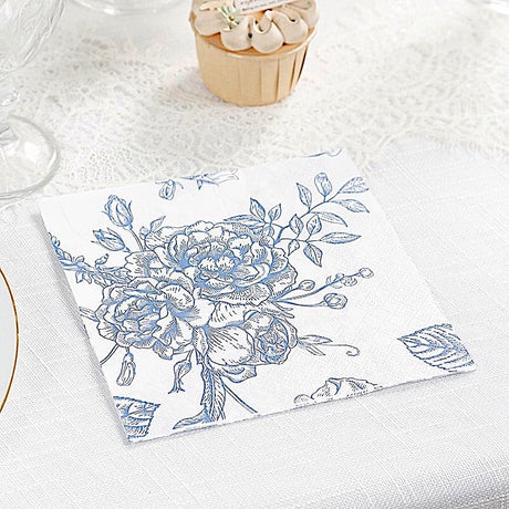 50 Paper Cocktail Napkins 2-Ply with Matte French Toile Floral Pattern - White
