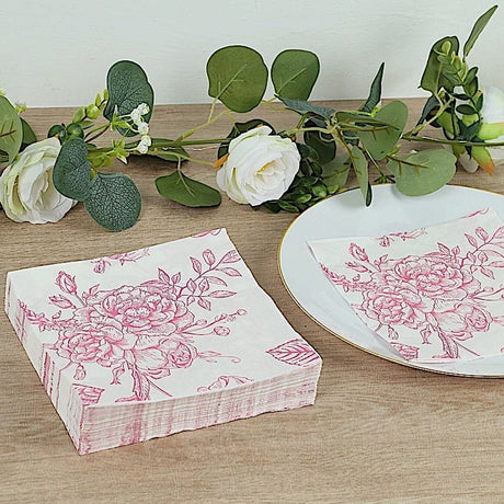 50 Paper Cocktail Napkins 2-Ply with Matte French Toile Floral Pattern - White