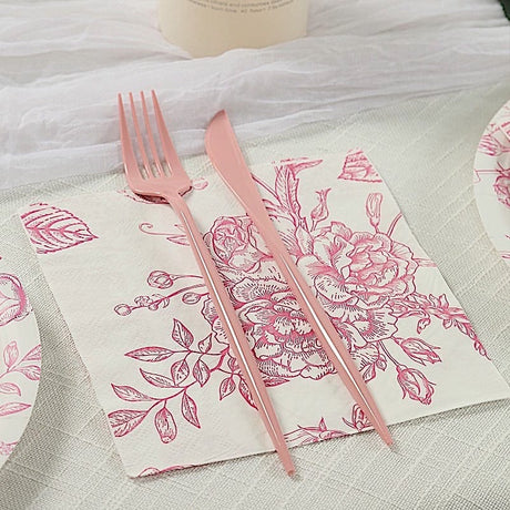 50 Paper Cocktail Napkins 2-Ply with Matte French Toile Floral Pattern - White