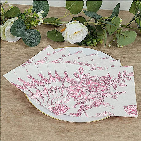 50 Paper Cocktail Napkins 2-Ply with Matte French Toile Floral Pattern - White