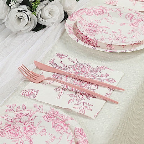 50 Paper Cocktail Napkins 2-Ply with Matte French Toile Floral Pattern - White