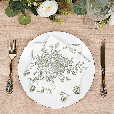 50 Paper Cocktail Napkins 2-Ply with Matte French Toile Floral Pattern - White