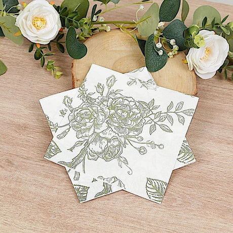 50 Paper Cocktail Napkins 2-Ply with Matte French Toile Floral Pattern - White