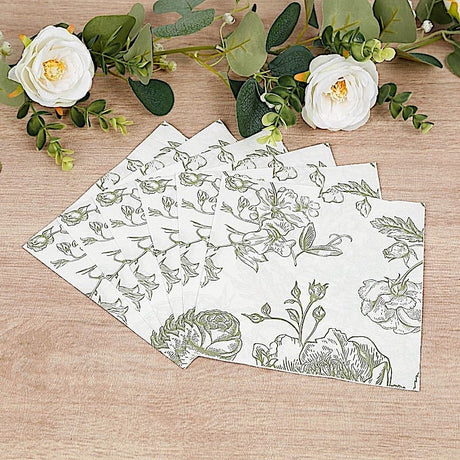 50 Paper Cocktail Napkins 2-Ply with Matte French Toile Floral Pattern - White