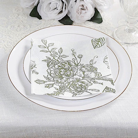 50 Paper Cocktail Napkins 2-Ply with Matte French Toile Floral Pattern - White