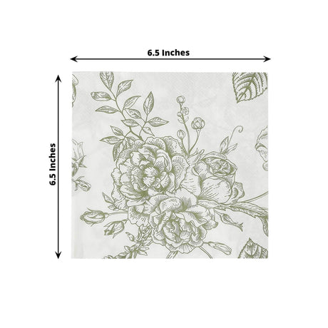 50 Paper Cocktail Napkins 2-Ply with Matte French Toile Floral Pattern - White