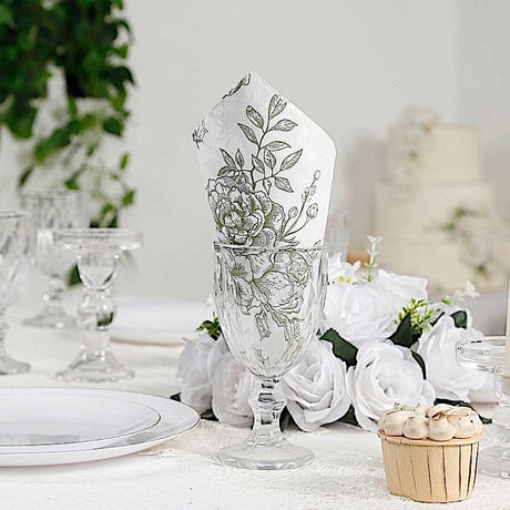 50 Paper Cocktail Napkins 2-Ply with Matte French Toile Floral Pattern - White