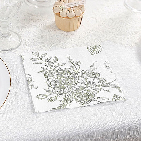 50 Paper Cocktail Napkins 2-Ply with Matte French Toile Floral Pattern - White