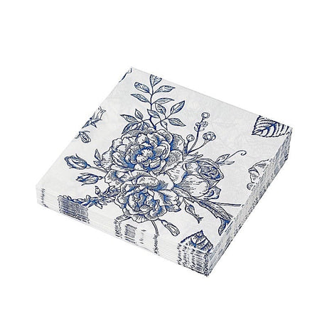 50 Paper Cocktail Napkins 2-Ply with Matte French Toile Floral Pattern - White NAP_BEV23_BLUE