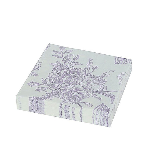 50 Paper Cocktail Napkins 2-Ply with Matte French Toile Floral Pattern - White NAP_BEV23_LAV