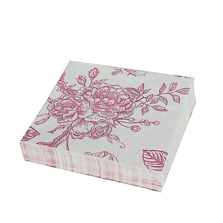 50 Paper Cocktail Napkins 2-Ply with Matte French Toile Floral Pattern - White NAP_BEV23_PINK