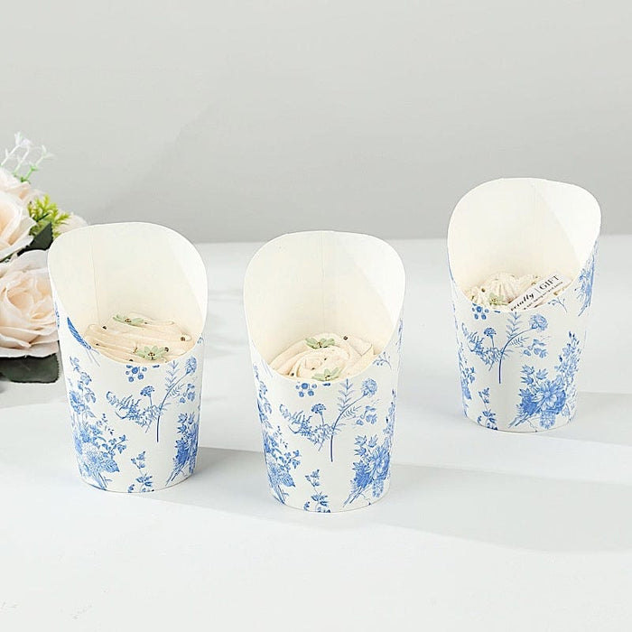 50 Paper Popcorn Box Cone Cups with French Toile Floral Pattern- White and Blue DSP_PPBO_002_14_FLOR_BLUE