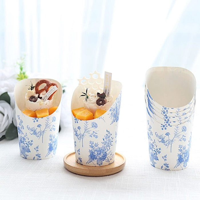 50 Paper Popcorn Box Cone Cups with French Toile Floral Pattern- White and Blue DSP_PPBO_002_14_FLOR_BLUE