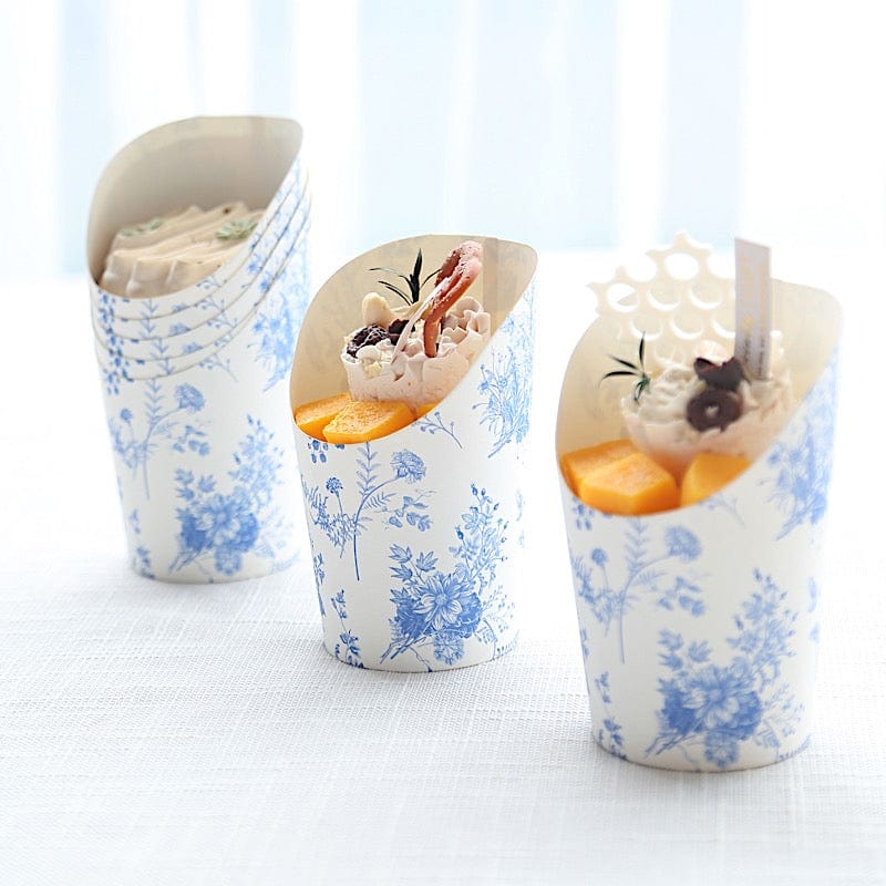 50 Paper Popcorn Box Cone Cups with French Toile Floral Pattern- White and Blue DSP_PPBO_002_14_FLOR_BLUE
