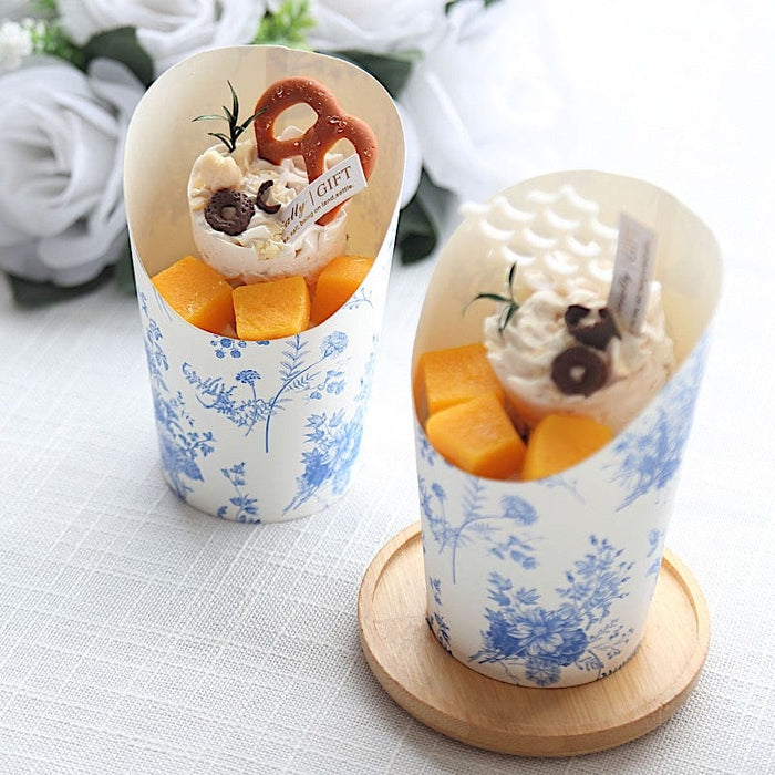 50 Paper Popcorn Box Cone Cups with French Toile Floral Pattern- White and Blue DSP_PPBO_002_14_FLOR_BLUE