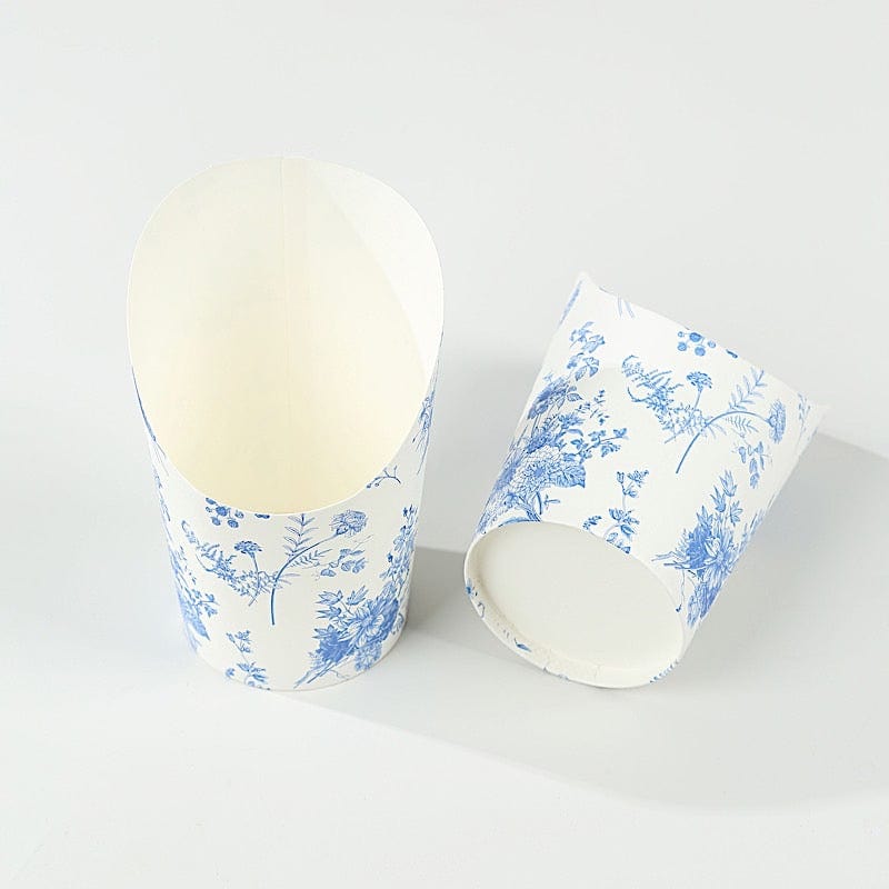 50 Paper Popcorn Box Cone Cups with French Toile Floral Pattern- White and Blue DSP_PPBO_002_14_FLOR_BLUE