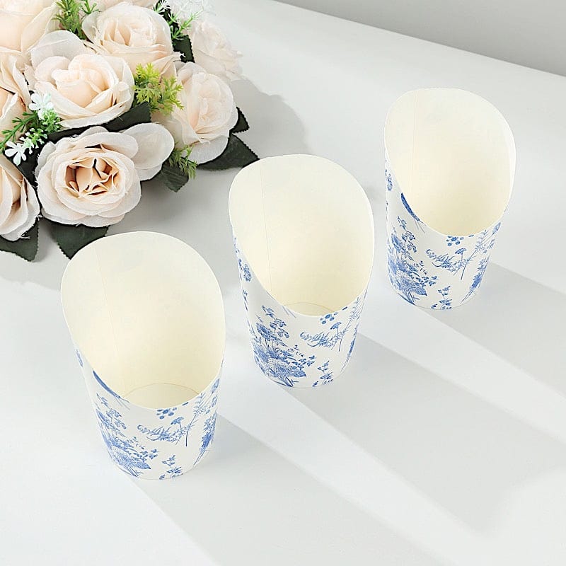 50 Paper Popcorn Box Cone Cups with French Toile Floral Pattern- White and Blue DSP_PPBO_002_14_FLOR_BLUE