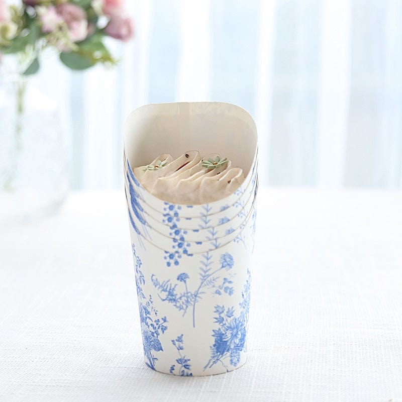 50 Paper Popcorn Box Cone Cups with French Toile Floral Pattern- White and Blue DSP_PPBO_002_14_FLOR_BLUE