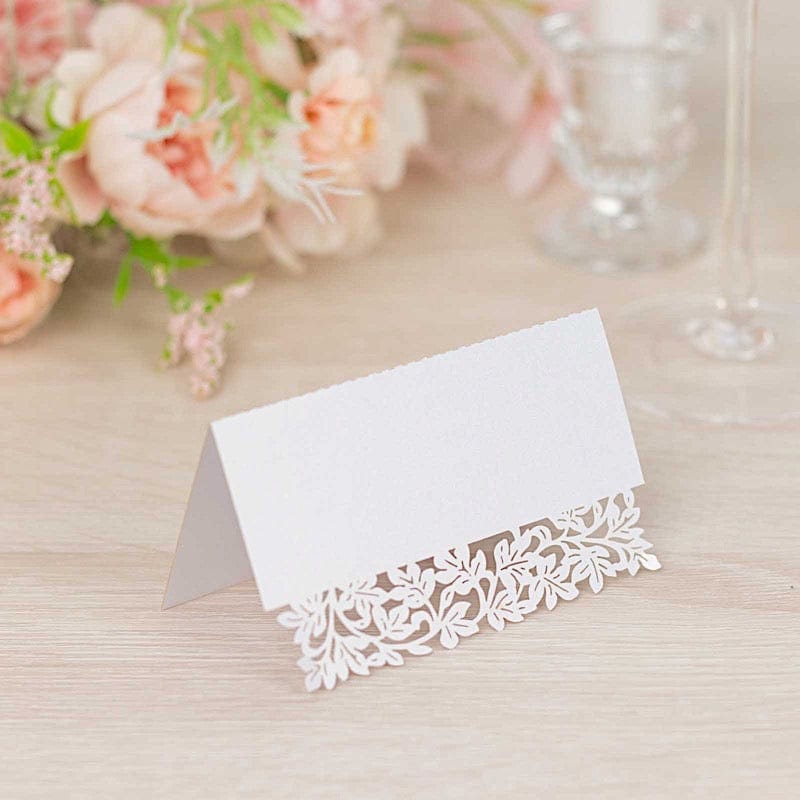 50 Paper Table Name Place Cards with Laser Cut Leaf Vine Design - White CARD_PAP02_2X4_WHT