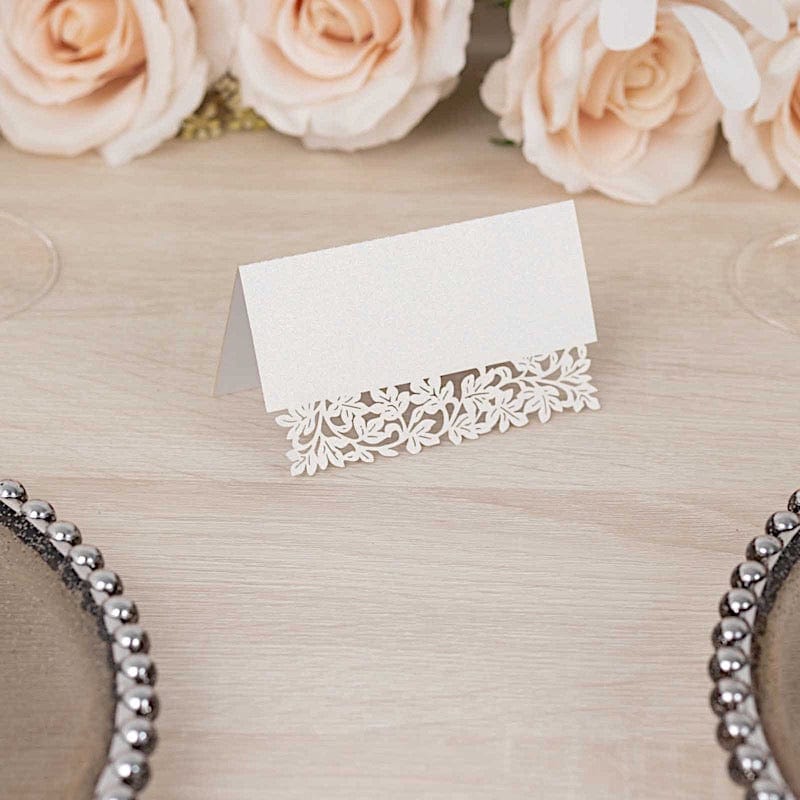 50 Paper Table Name Place Cards with Laser Cut Leaf Vine Design - White CARD_PAP02_2X4_WHT