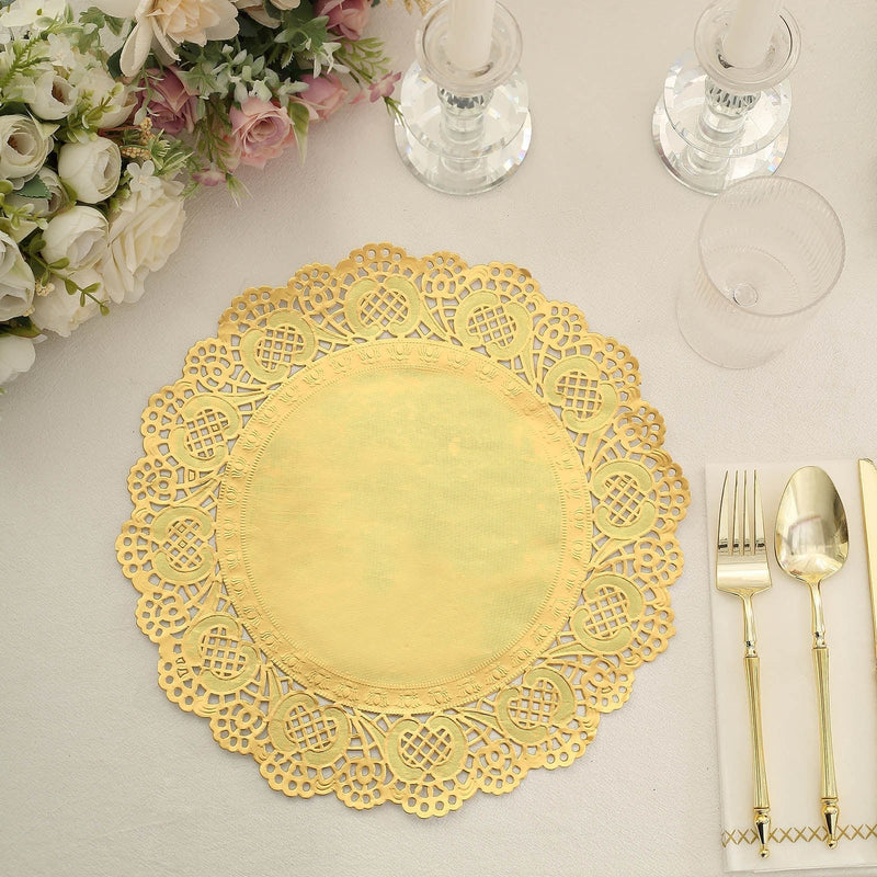 50 pcs Gold Round Disposable Paper Doilies Placemats with Lace Trim DSP_PPDOL_RND01_12_GOLD