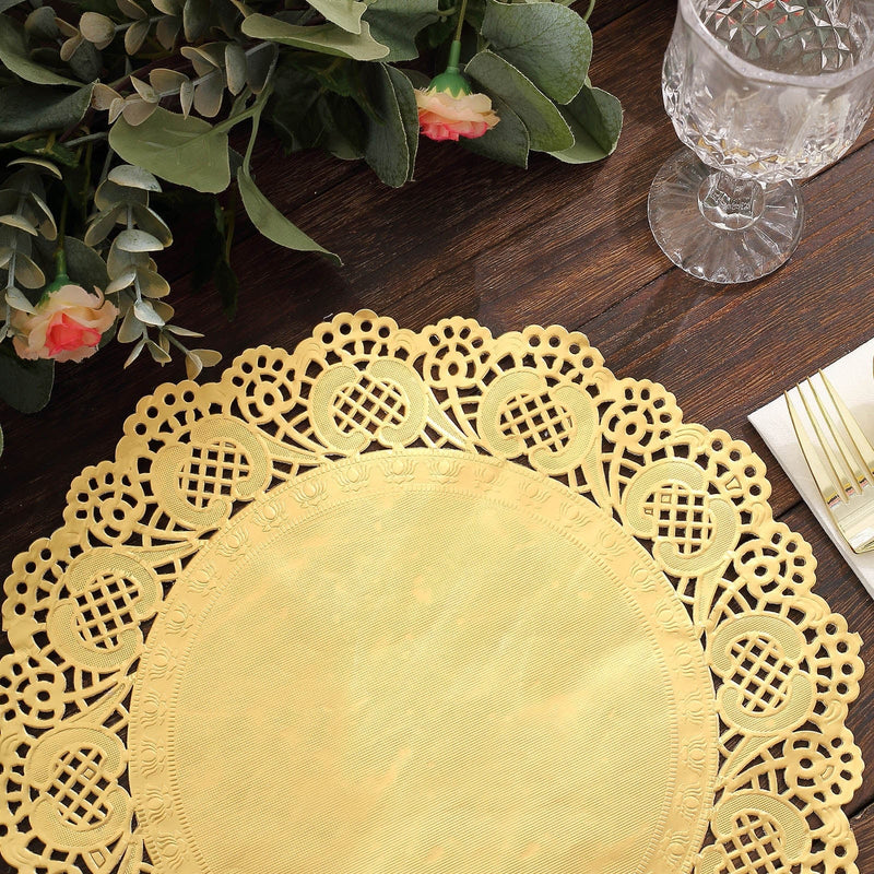 50 pcs Gold Round Disposable Paper Doilies Placemats with Lace Trim DSP_PPDOL_RND01_12_GOLD