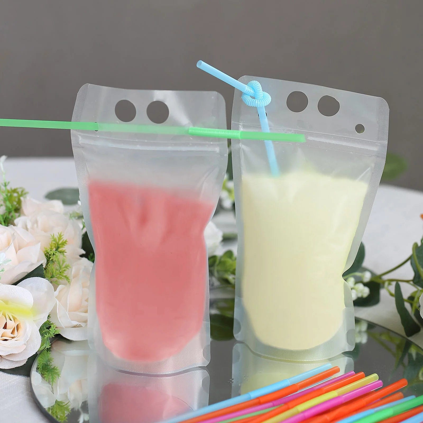 50 Plastic Stand-Up Plastic Drink Pouches with Straws - Clear DSP_CUPOCH01_12_CLR