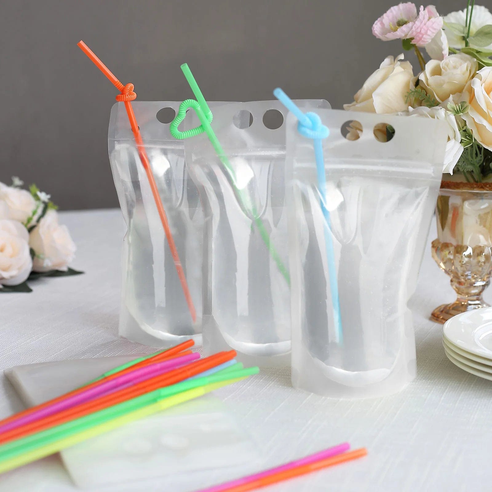 50 Plastic Stand-Up Plastic Drink Pouches with Straws - Clear DSP_CUPOCH01_12_CLR