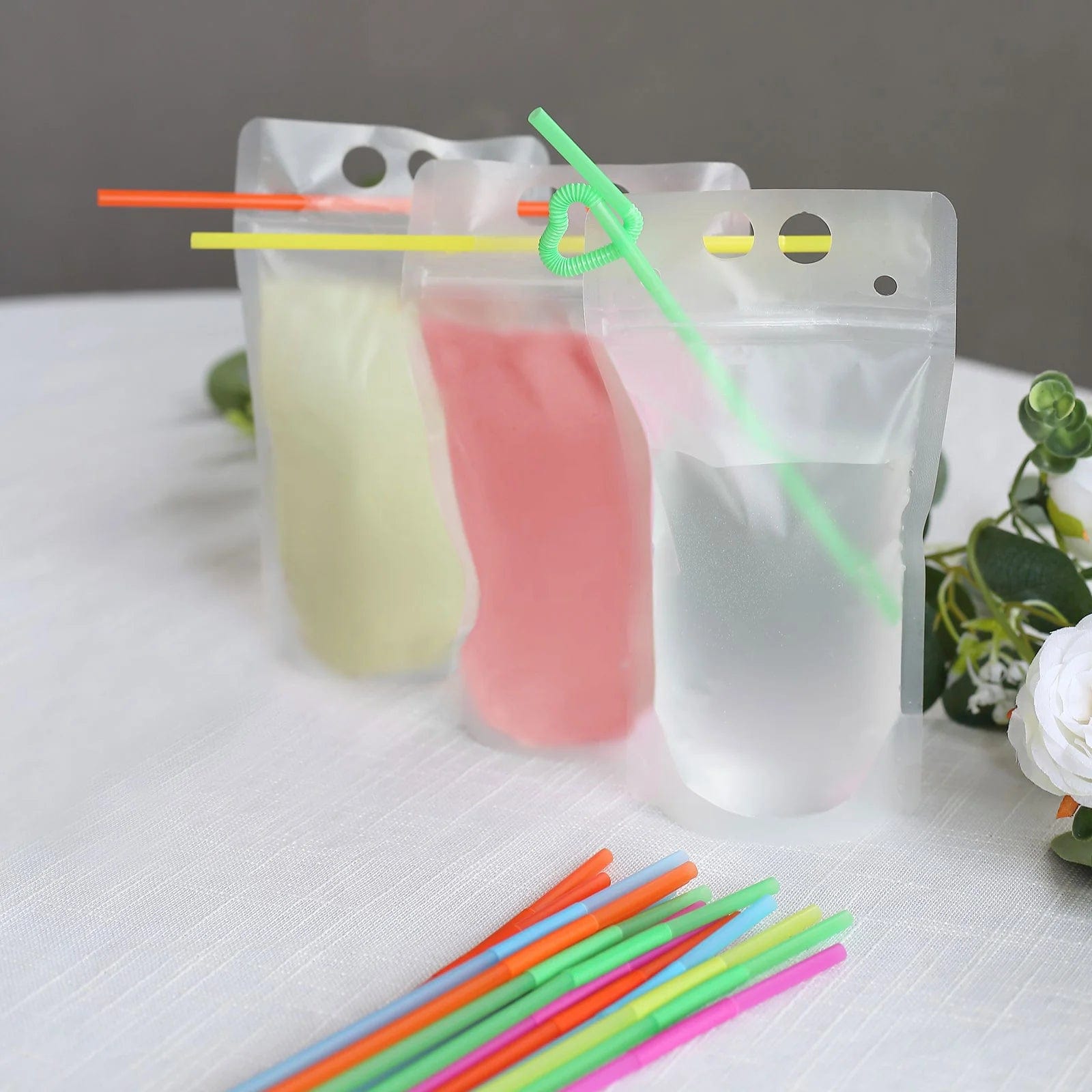 50 Plastic Stand-Up Plastic Drink Pouches with Straws - Clear DSP_CUPOCH01_12_CLR