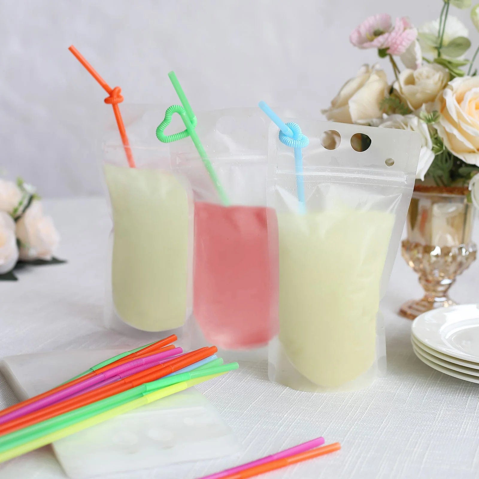 50 Plastic Stand-Up Plastic Drink Pouches with Straws - Clear DSP_CUPOCH01_12_CLR