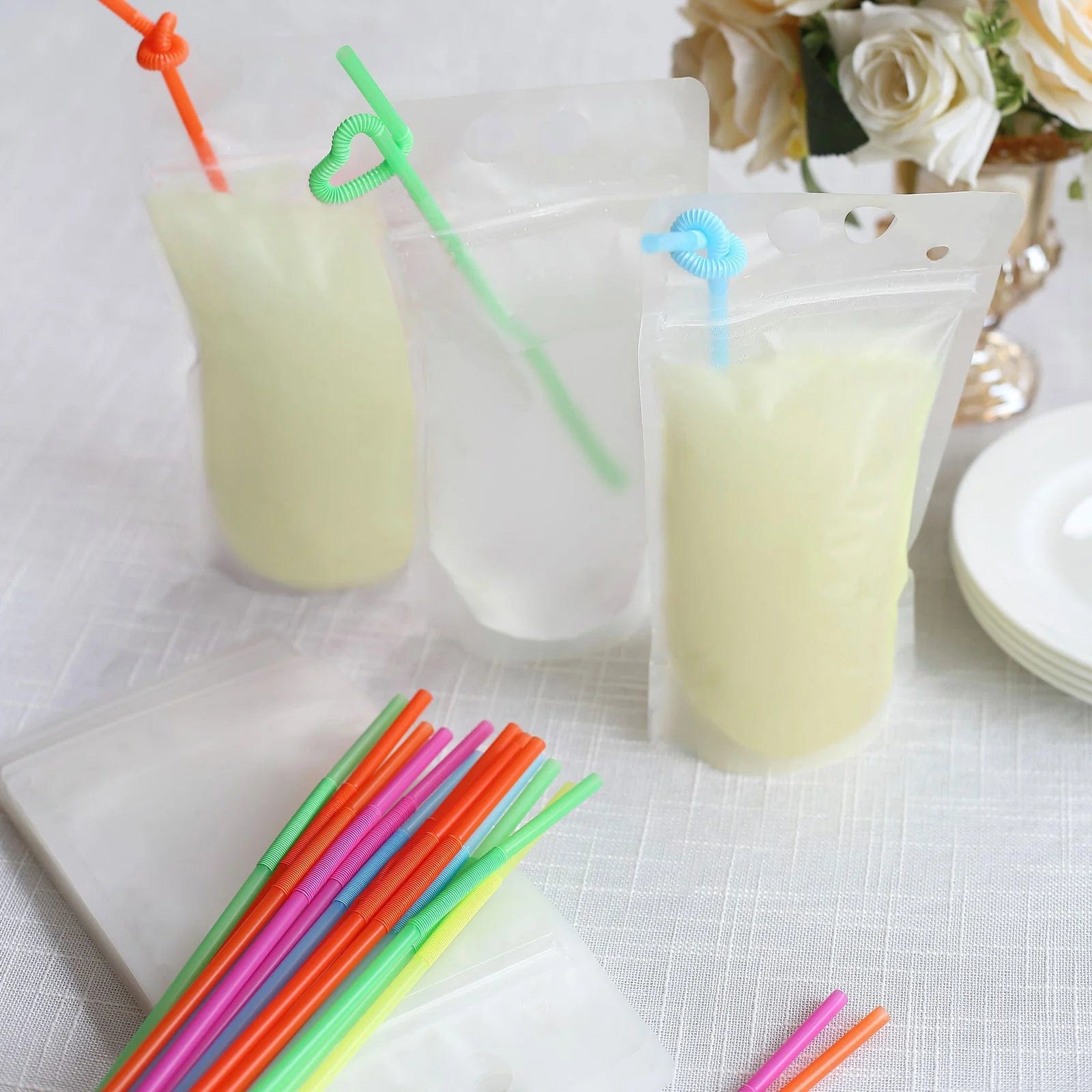 50 Plastic Stand-Up Plastic Drink Pouches with Straws - Clear DSP_CUPOCH01_12_CLR