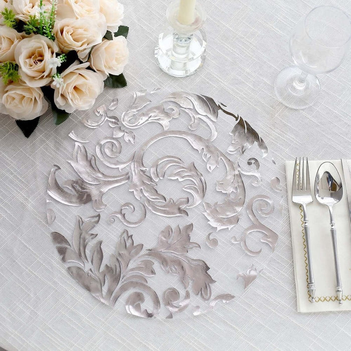 50 Round 13" Metallic Sheer Organza Placemats with Swirl Foil Floral Design