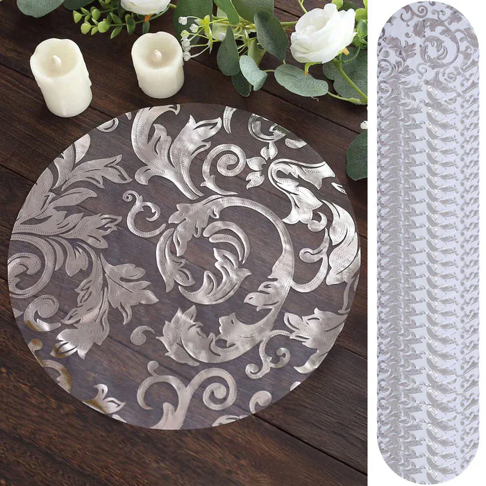 50 Round 13" Metallic Sheer Organza Placemats with Swirl Foil Floral Design