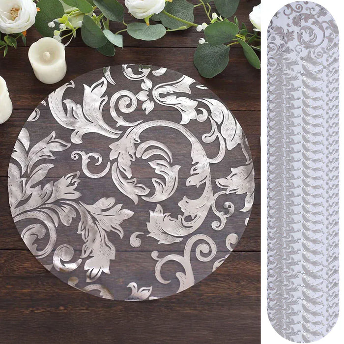 50 Round 13" Metallic Sheer Organza Placemats with Swirl Foil Floral Design