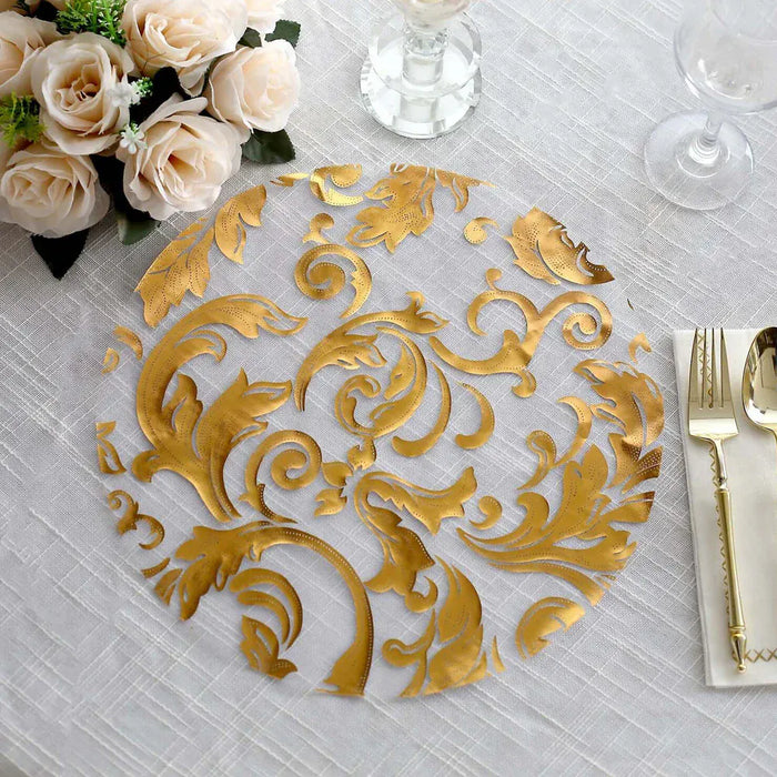 50 Round 13" Metallic Sheer Organza Placemats with Swirl Foil Floral Design