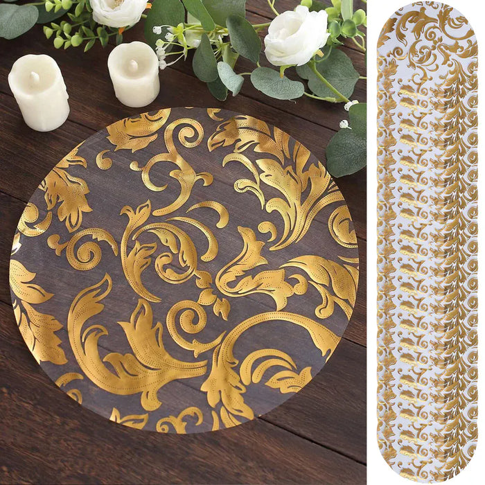 50 Round 13" Metallic Sheer Organza Placemats with Swirl Foil Floral Design