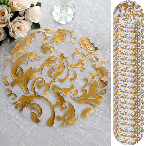 50 Round 13" Metallic Sheer Organza Placemats with Swirl Foil Floral Design