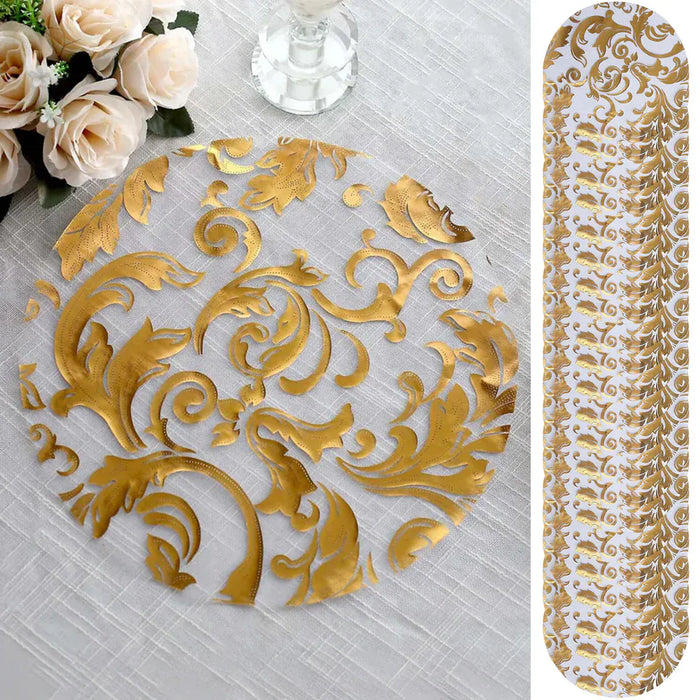 50 Round 13" Metallic Sheer Organza Placemats with Swirl Foil Floral Design