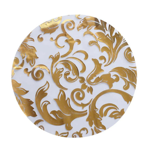 50 Round 13" Metallic Sheer Organza Placemats with Swirl Foil Floral Design PLMAT_MET07_GOLD_PK50