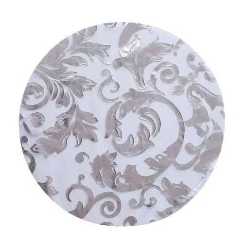 50 Round 13" Metallic Sheer Organza Placemats with Swirl Foil Floral Design PLMAT_MET07_SILV_PK50