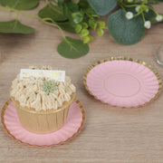 50 Round Metallic Paper Dessert Plates with Scalloped Rim - Disposable Tableware