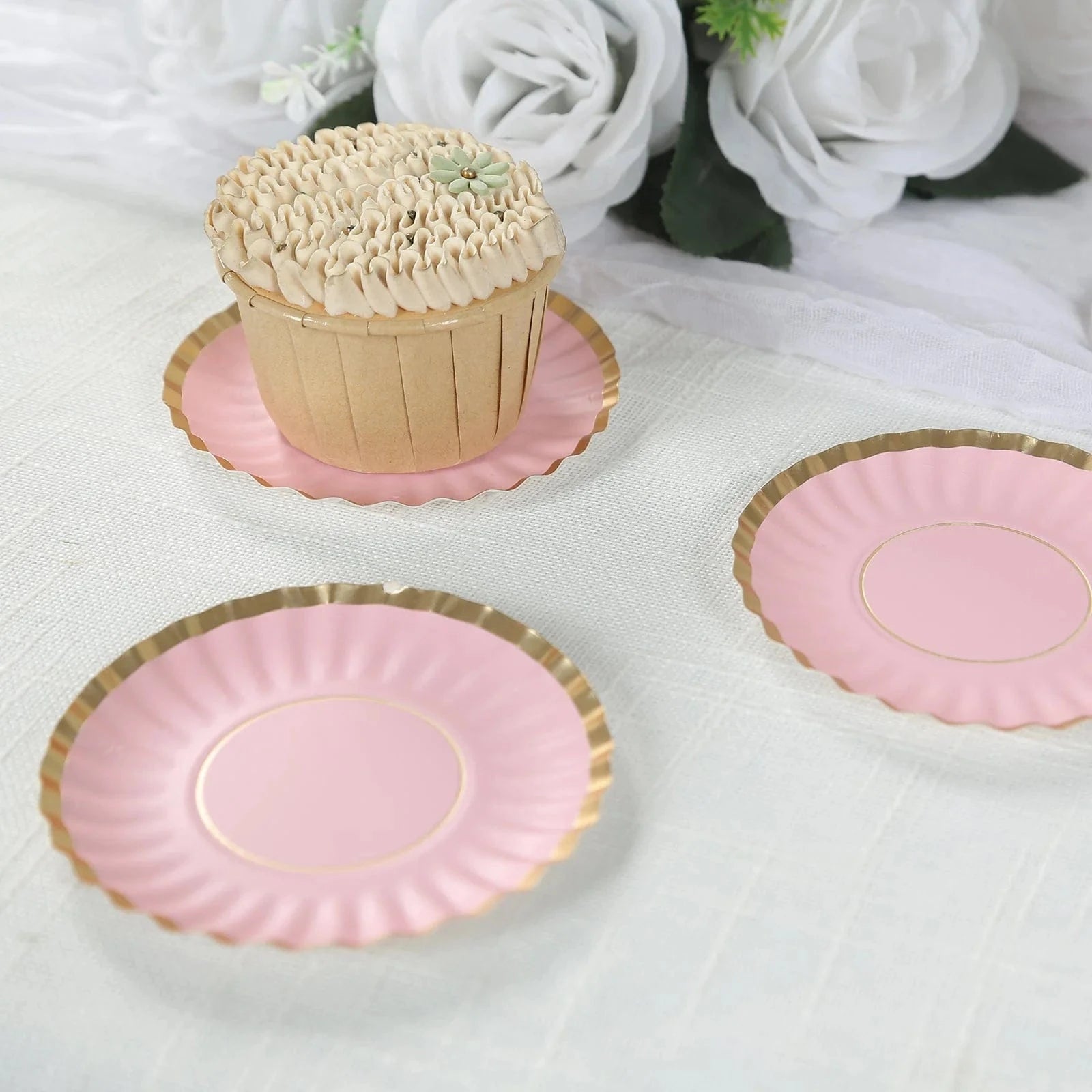 50 Round Metallic Paper Dessert Plates with Scalloped Rim - Disposable Tableware