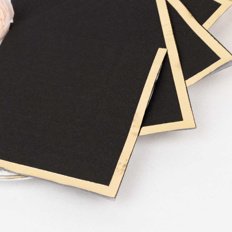 50 Soft 2 Ply Disposable Dinner Cocktail Paper Napkins with Gold Foil Edge
