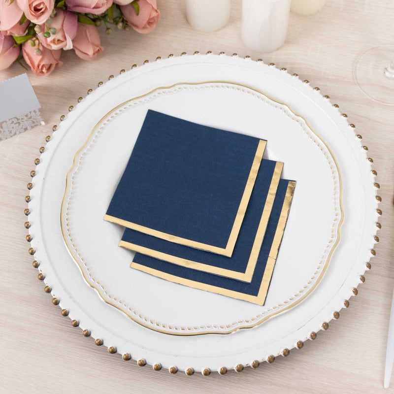 50 Soft 2 Ply Disposable Dinner Cocktail Paper Napkins with Gold Foil Edge