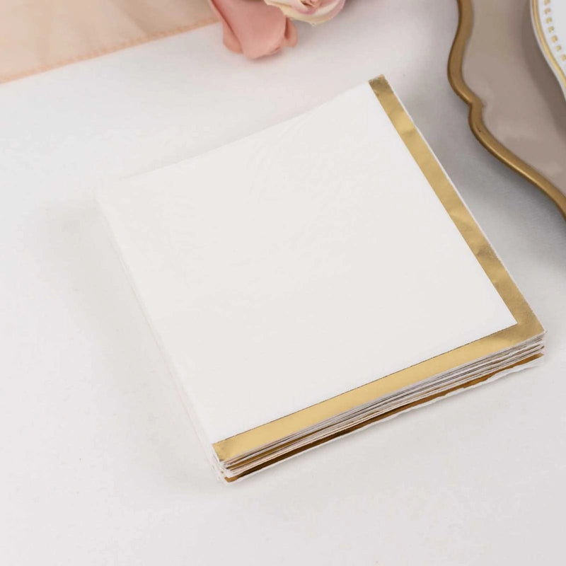 50 Soft 2 Ply Disposable Dinner Cocktail Paper Napkins with Gold Foil Edge