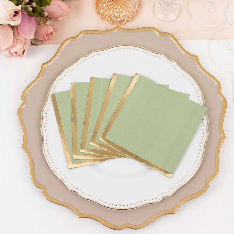 50 Soft 2 Ply Disposable Dinner Cocktail Paper Napkins with Gold Foil Edge
