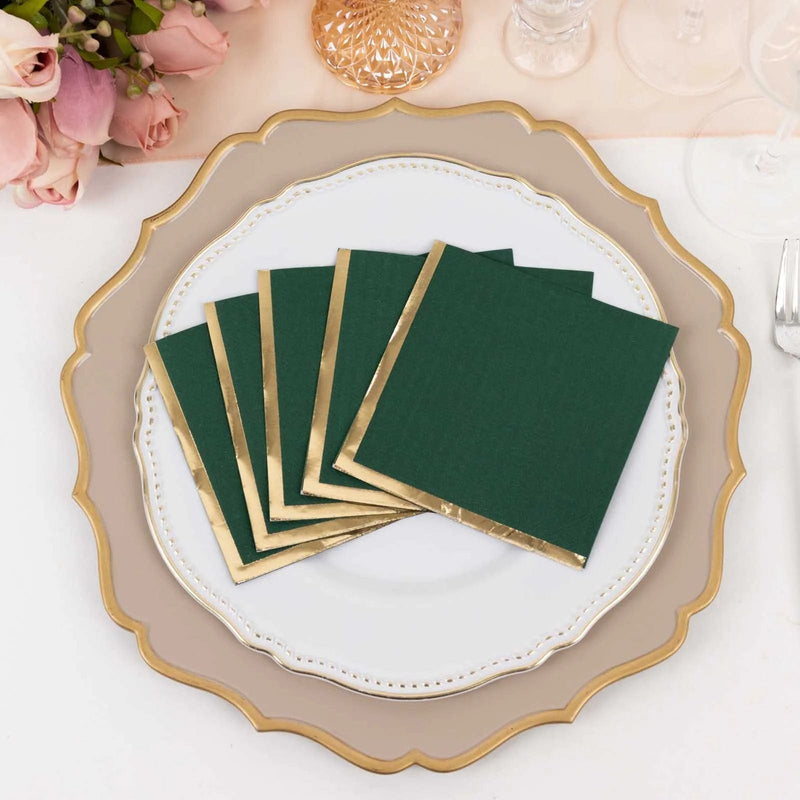 50 Soft 2 Ply Disposable Dinner Cocktail Paper Napkins with Gold Foil Edge