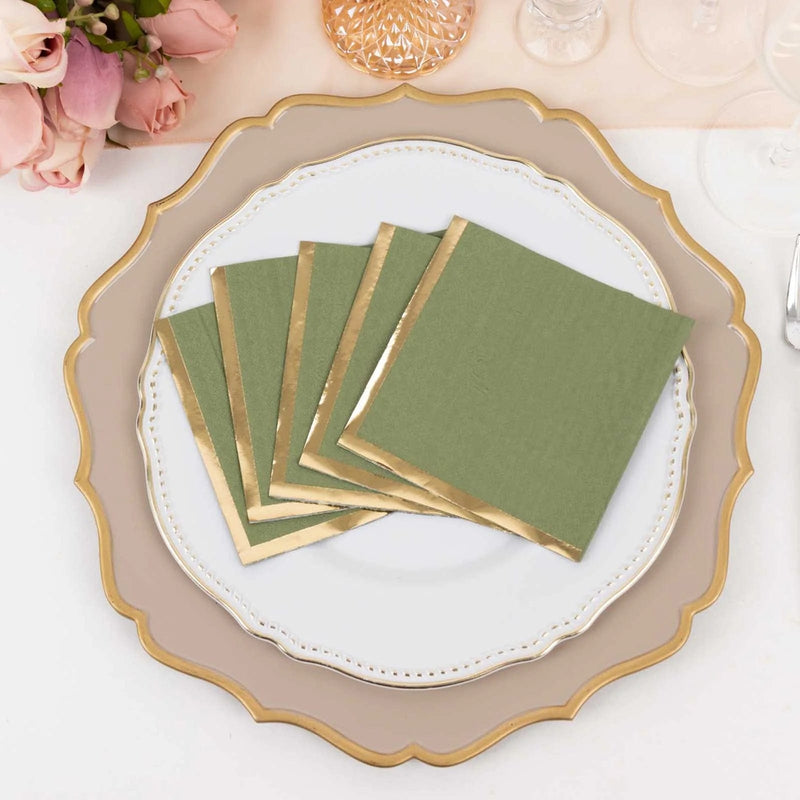 50 Soft 2 Ply Disposable Dinner Cocktail Paper Napkins with Gold Foil Edge