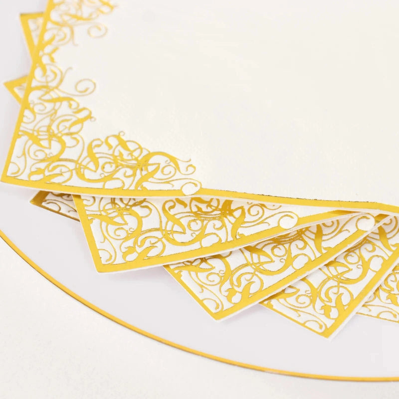 50 Soft Dinner Paper Napkins with Gold Foil Lace Design - White NAP_DIN09_GOLD
