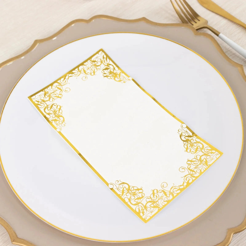 50 Soft Dinner Paper Napkins with Gold Foil Lace Design - White NAP_DIN09_GOLD